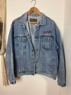 Vintage Light Blue Denim Jacket with Red Script Logo